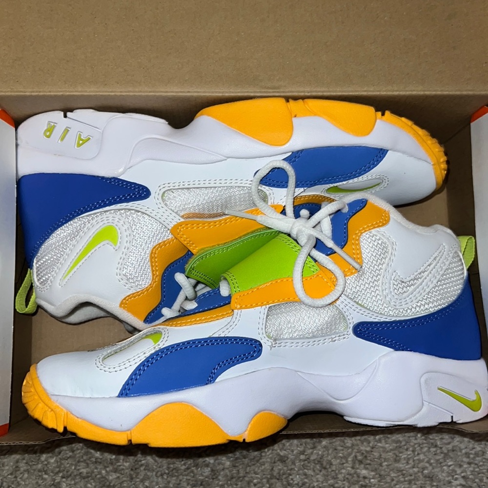 worn twice. blue, orange, green nike air shoes. nice everyday,game,running shoe.